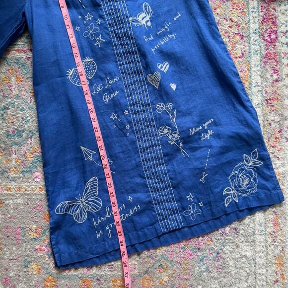 Johnny Was Sovanna Blue Embroidered Linen Bishop Sleeves Tunic Dress Size Small - Picture 5 of 11